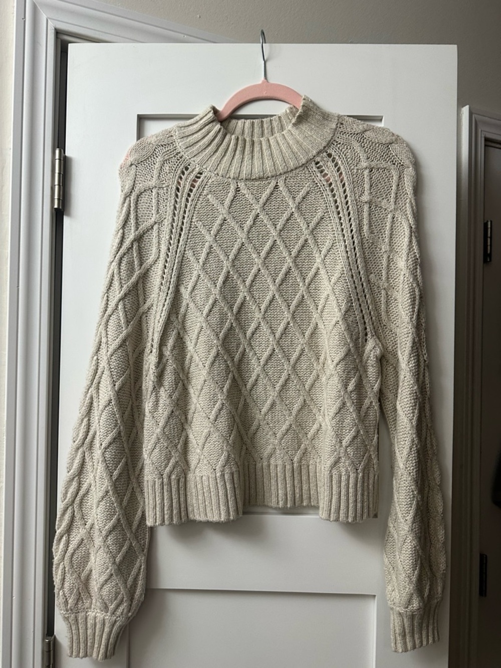 American Eagle Cream Cable Knit Mock Neck Sweater